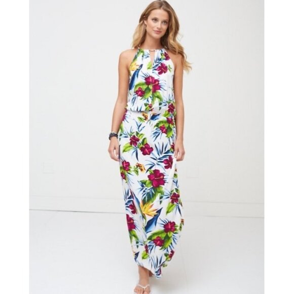 Size Large TOMMY BAHAMA Keyhole Tropical Elastic-Waist Maxi Dress w/Pockets‎ - Picture 1 of 7